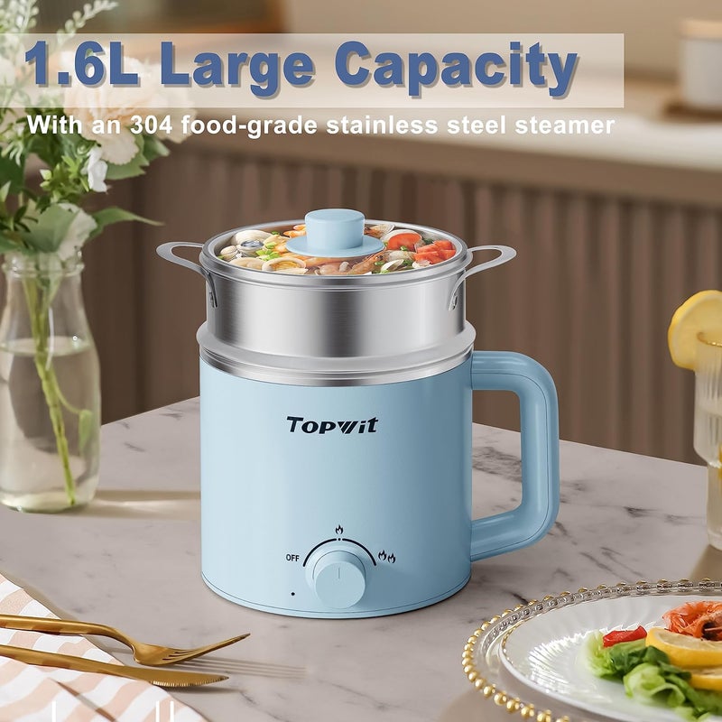 TopWit Hot Pot Electric with Steamer, 1.6L Ramen Cooker, Electric Pot for Pasta, Shabu-Shabu, Oatmeal, Soup and Egg, Portable Cooker with Dual Power Control, Dorm Room Essentials, Blue - Image 3